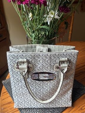 Guess Cream and Gray Monogram Tote with Rhinestone G Plaque
